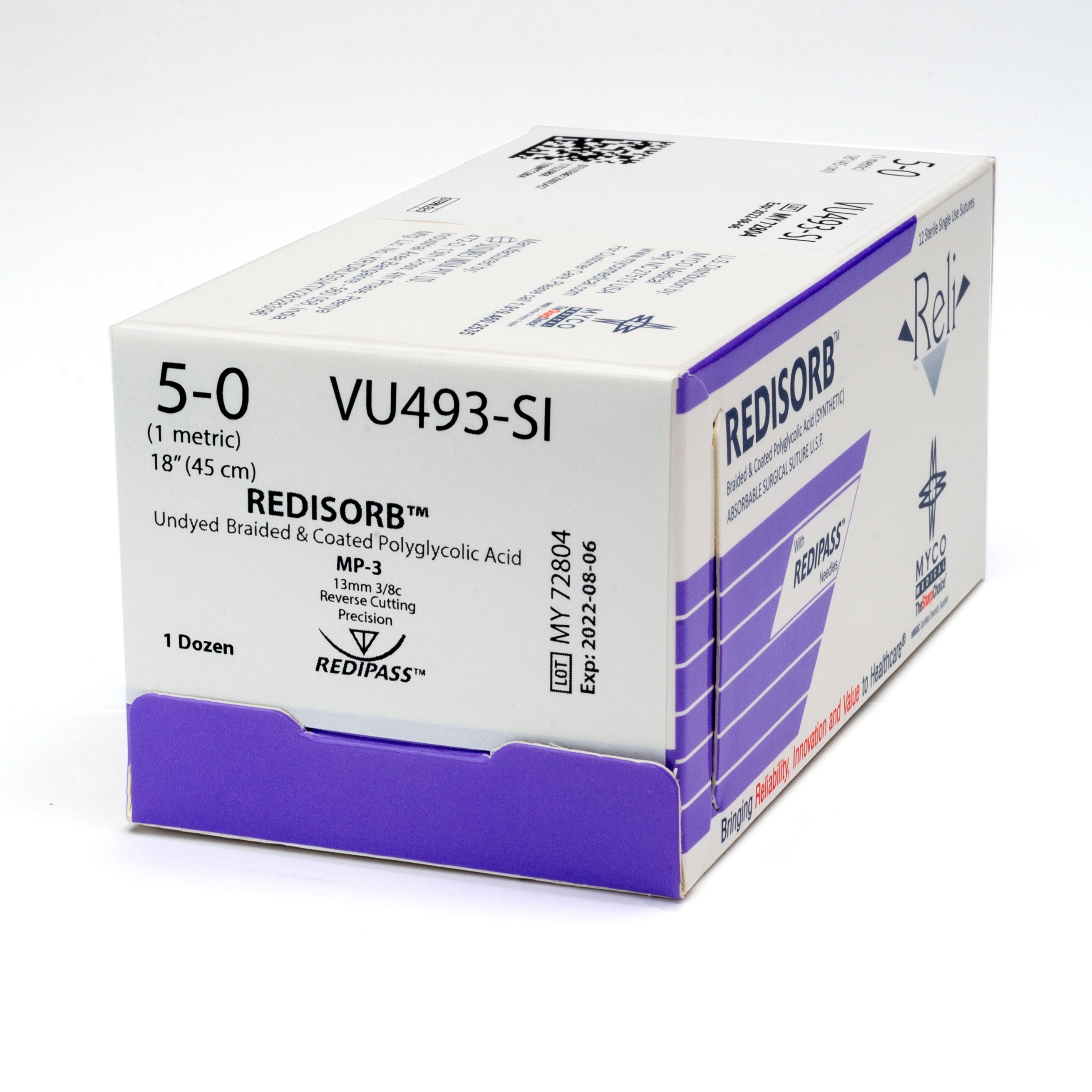 Suture with Needle Reli® Redisorb™ Absorbable Undyed Braided Polyglycolic Acid Suture Size 5 - 0 18 Inch Suture 1-Needle 13 mm Length 3/8 Circle Reverse Cutting Needle with Precision Point by Myco Medical  ID VU493-M
